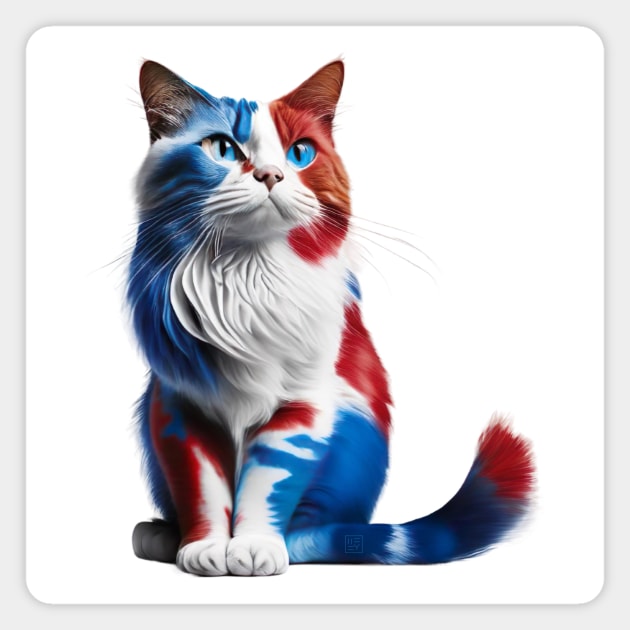 [AI Art] Red, blue and white fluffy Kitty Cat Magnet by Sissely